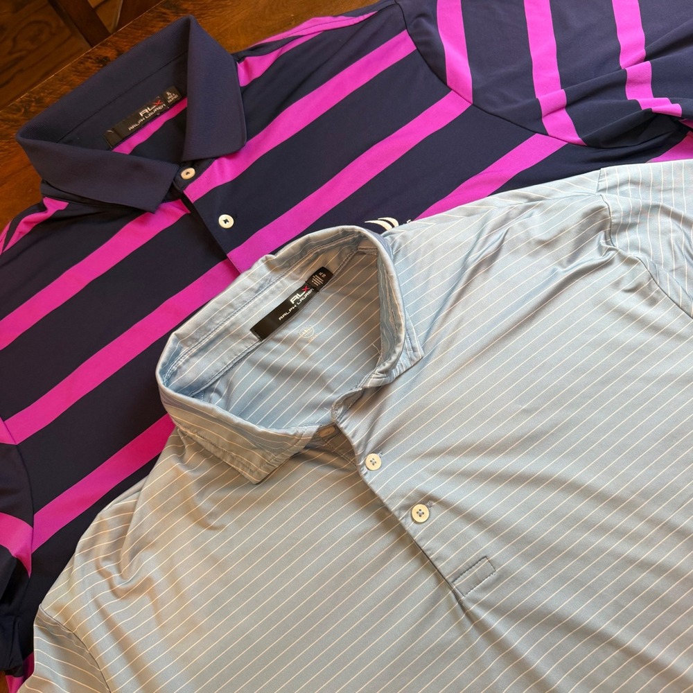 RLX Ralph Lauren Mens Golf Polo Shirt Lot 2 XL Blue Stripe 2015 US Open Chambers